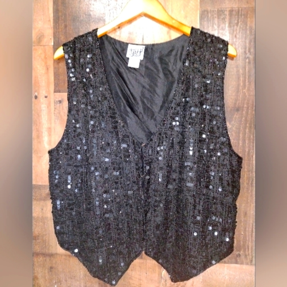 Vintage Sweet Sue Black Silk Sequin Vest Size 20 Woman's